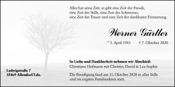 Traueranzeige von Werner Gürtler von Giessener Allgemeine, Alsfelder Allgemeine