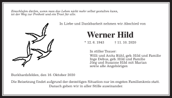 Traueranzeige von Werner Hild von Giessener Allgemeine, Alsfelder Allgemeine