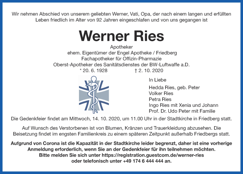  Traueranzeige für Werner Ries vom 10.10.2020 aus Wetterauer Zeitung