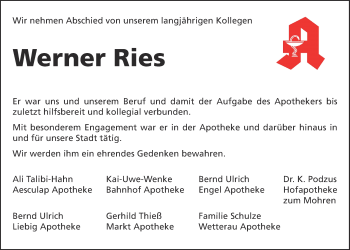 Traueranzeige von Werner Ries von Wetterauer Zeitung