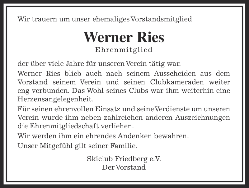  Traueranzeige für Werner Ries vom 13.10.2020 aus Wetterauer Zeitung