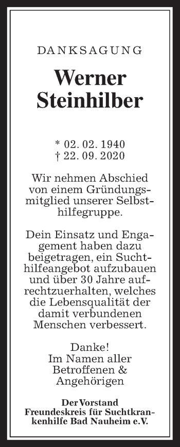 Traueranzeige von Werner Steinhilber von Wetterauer Zeitung