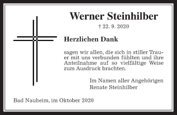 Traueranzeige von Werner Steinhilber von Wetterauer Zeitung