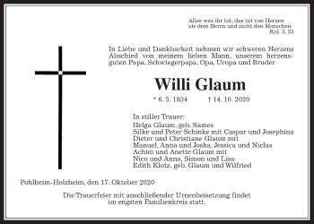 Traueranzeige von Willi Glaum von Giessener Allgemeine, Alsfelder Allgemeine