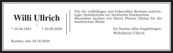 Traueranzeige von Willi Ullrich von Wetterauer Zeitung