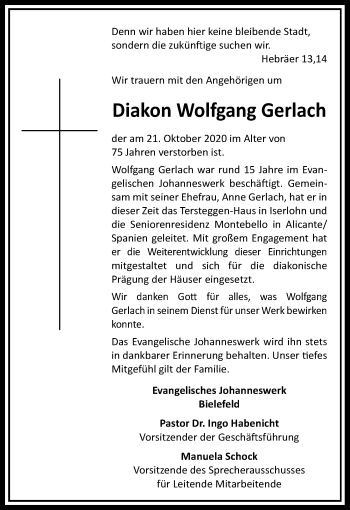 Traueranzeige von Wolfgang Gerlach von Giessener Allgemeine, Alsfelder Allgemeine