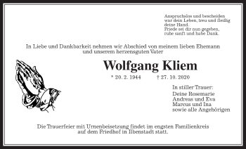 Traueranzeige von Wolfgang Kliem von Wetterauer Zeitung