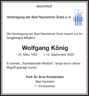 Traueranzeige von Wolfgang König von Wetterauer Zeitung