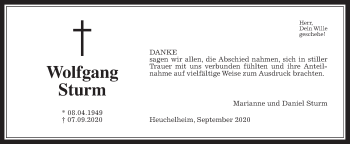 Traueranzeige von Wolfgang Sturm von Giessener Allgemeine, Alsfelder Allgemeine