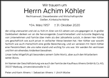 Traueranzeige von Achim Köhler von Giessener Allgemeine, Alsfelder Allgemeine