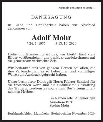 Traueranzeige von Adolf Mohr von Giessener Allgemeine, Alsfelder Allgemeine