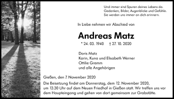 Traueranzeige von Andreas Matz von Alsfelder Allgemeine, Giessener Allgemeine