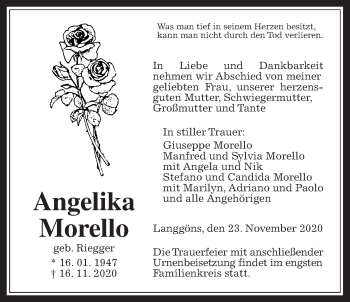 Traueranzeige von Angelika Morello von Giessener Allgemeine, Alsfelder Allgemeine