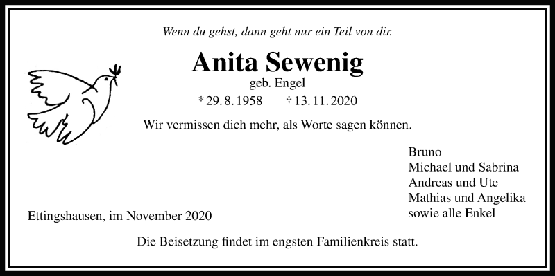  Traueranzeige für Anita Sewenig vom 19.11.2020 aus Licher Wochenblatt
