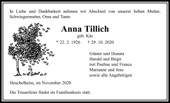 Traueranzeige von Anna Tillich von Alsfelder Allgemeine, Giessener Allgemeine