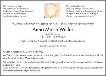 Traueranzeige von Anna Marie Weller von Giessener Allgemeine, Alsfelder Allgemeine