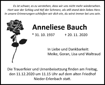 Traueranzeige von Anneliese Bauch von Bad Vilbel/Karben