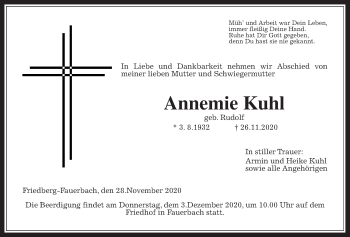 Traueranzeige von Annemie Kuhl von Wetterauer Zeitung