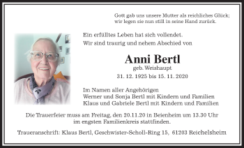 Traueranzeige von Anni Bertl von Wetterauer Zeitung