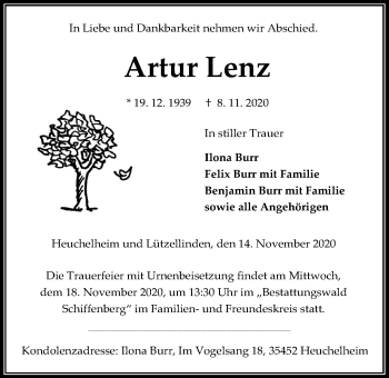 Traueranzeige von Artur Lenz von Giessener Allgemeine, Alsfelder Allgemeine