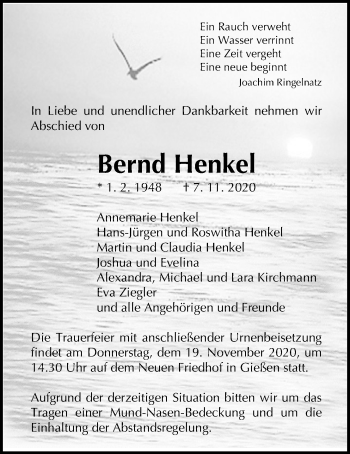 Traueranzeige von Bernd Henkel von Giessener Allgemeine, Alsfelder Allgemeine