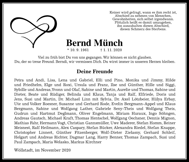  Traueranzeige für Bernd Münch vom 14.11.2020 aus Wetterauer Zeitung