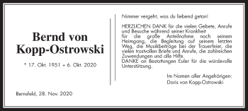 Traueranzeige von Bernd von Kopp-Ostrowski von Giessener Allgemeine, Alsfelder Allgemeine