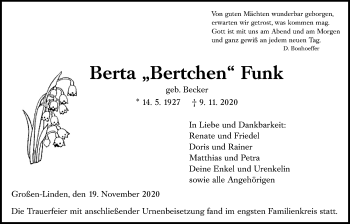 Traueranzeige von Berta Funk von Giessener Allgemeine, Alsfelder Allgemeine