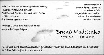 Traueranzeige von Brun0 Madelenko von Reiskirchener Anzeiger