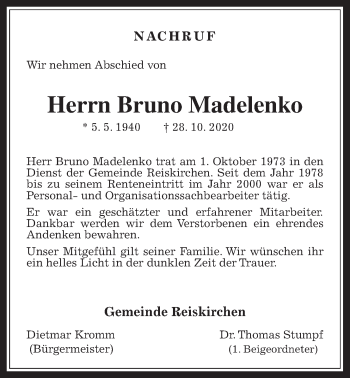 Traueranzeige von Bruno Madelenko von Reiskirchener Anzeiger