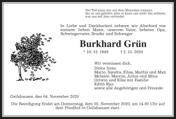 Traueranzeige von Burkhard Grün von Giessener Allgemeine, Alsfelder Allgemeine