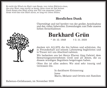 Traueranzeige von Burkhard Grün von Giessener Allgemeine, Alsfelder Allgemeine
