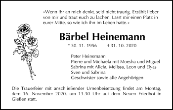 Traueranzeige von Bärbel Heinemann von Giessener Allgemeine, Alsfelder Allgemeine