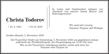 Traueranzeige von Christa Todorov von Giessener Allgemeine, Alsfelder Allgemeine