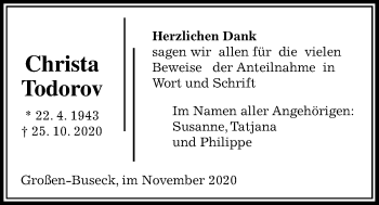 Traueranzeige von Christa Todorov von Giessener Allgemeine, Alsfelder Allgemeine