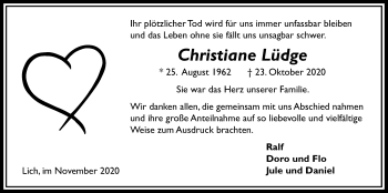 Traueranzeige von Christiane Lüdge von Licher Wochenblatt