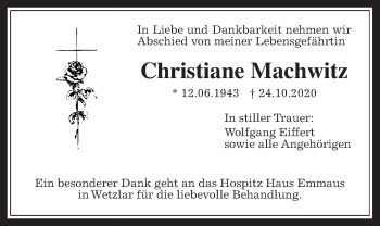 Traueranzeige von Christiane Machwitz von Wetterauer Zeitung