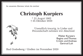 Traueranzeige von Christoph Kurpiers von Alsfelder Allgemeine, Giessener Allgemeine