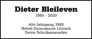 Traueranzeige von Dieter Bleileven von Alsfelder Allgemeine, Giessener Allgemeine