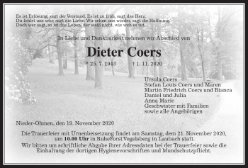 Traueranzeige von Dieter Coers von Mücker Stimme, Alsfelder Allgemeine