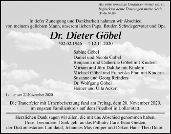 Traueranzeige von Dieter Göbel von Giessener Allgemeine, Alsfelder Allgemeine