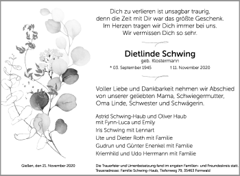 Traueranzeige von Dietlinde Schwing von Giessener Allgemeine, Alsfelder Allgemeine