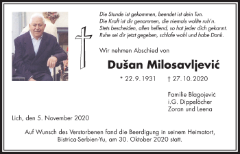 Traueranzeige von Dusan Milosavljevic von Licher Wochenblatt