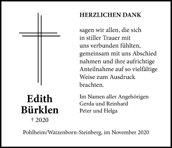 Traueranzeige von Edith Bürklen von Alsfelder Allgemeine, Giessener Allgemeine