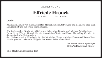 Traueranzeige von Elfriede Hronek von Wetterauer Zeitung