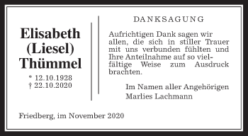 Traueranzeige von Elisabeth Thümmel von Wetterauer Zeitung