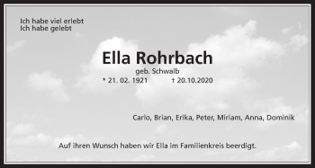 Traueranzeige von Ella Rohrbach von Alsfelder Allgemeine, Giessener Allgemeine