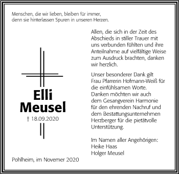 Traueranzeige von Elli Meusel von Pohlheimer Nachrichten