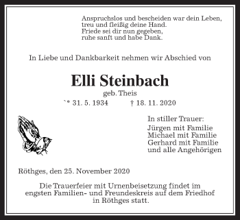 Traueranzeige von Elli Steinbach von Laubacher Anzeiger