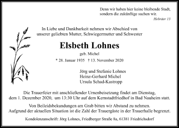 Traueranzeige von Elsbeth Lohnes von Wetterauer Zeitung